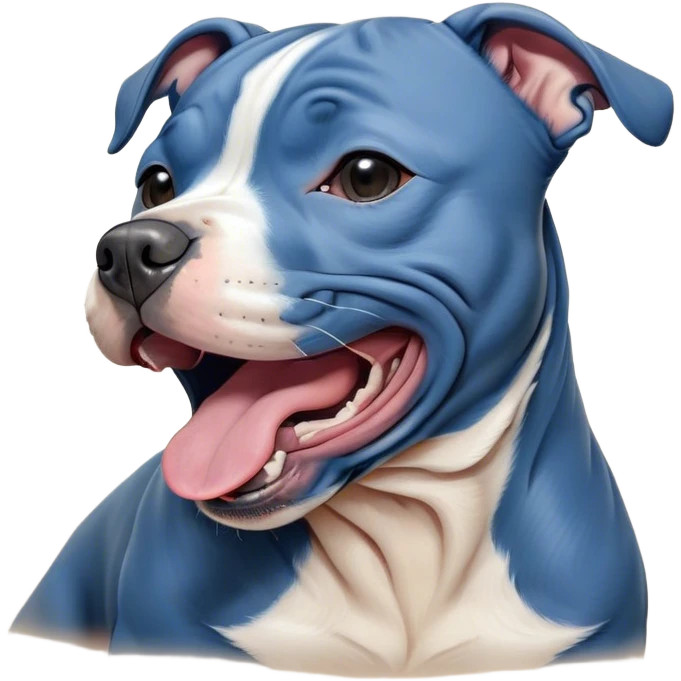 Cinematic Cute Yawning Blue Staffordshire Bull Terrier Portrait Emoji, Head tilted slightly with a dramatic, wide-open yawn, showcasing a smooth blue Fur with a refined texture, floppy ears slightly drooping, round dark eyes barely open in drowsy contentment, Simplified yet irresistibly adorable features, highly detailed, glowing with a soft, cozy glow, high shine, relaxed yet expressive, stylized with a touch of whimsy, bright and endearing, soft glowing outline, capturing the essence of a sleepy yet affectionate guardian, so drowsy it feels like it could stretch right out of the screen and curl up for a nap! emoji