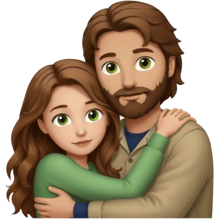 a man with  brown hair and brown beard with hazel eyes and a girl with long brown wavy hair with green eyes, togheter, with neutral clothes, hugged each other emoji