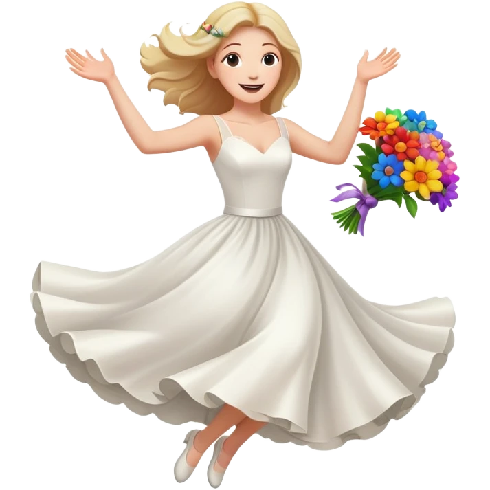 White woman, white wedding dress, happy, jumping, flowers, dreamy, colorful emoji