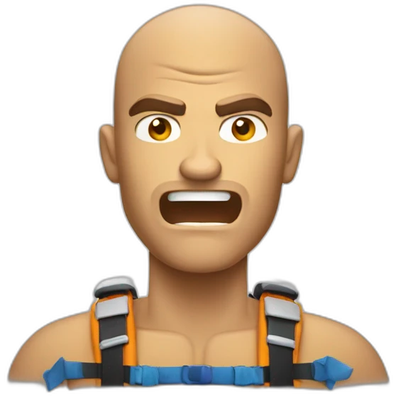 Angry muscular tan guy with buzz cut white water rafting emoji