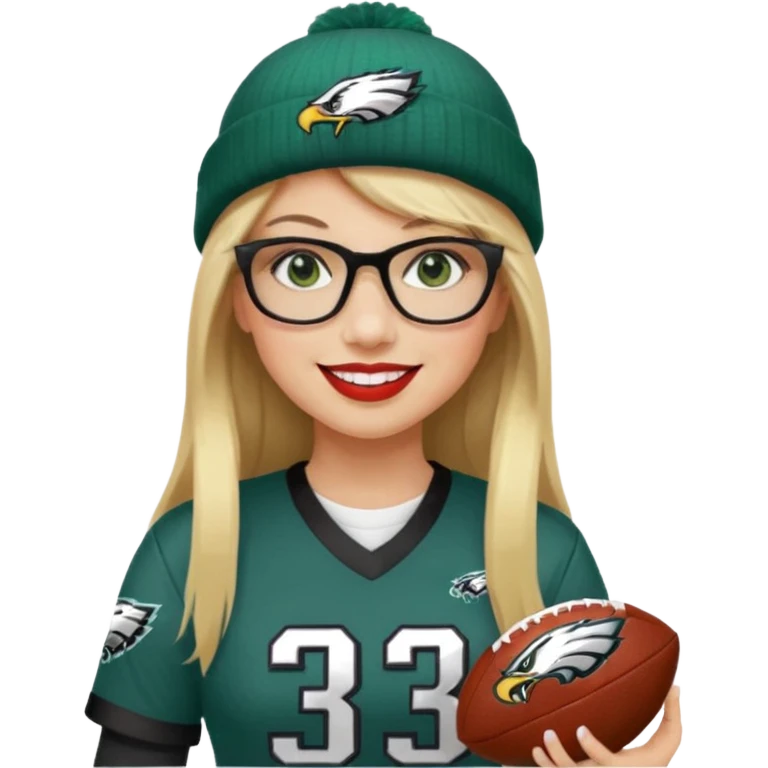 full length women wearing eagles uniform, long straight blonde hair, straight bangs, green eyes, black rectangle glasses, holding football, number 33, smiling, lipstick, eagles beanie emoji
