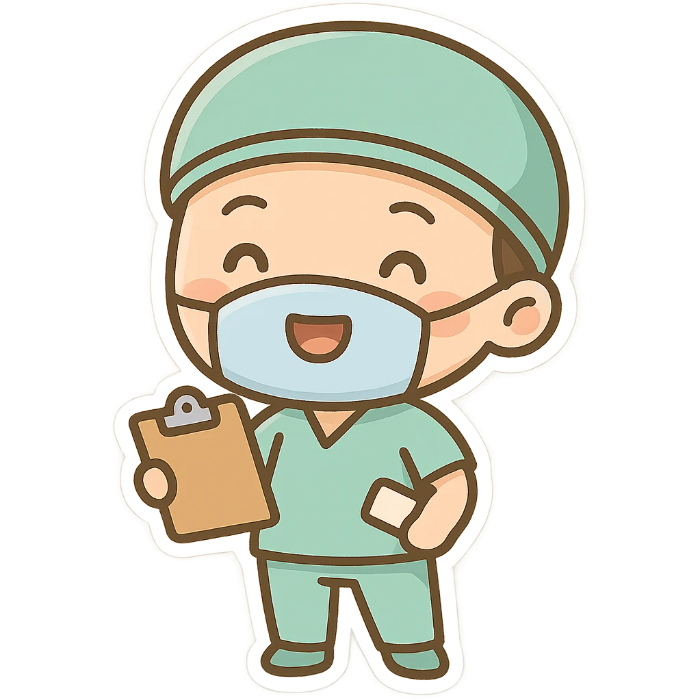 cute chibi doctor in scrubs holding clipboard with cheerful expression emoji