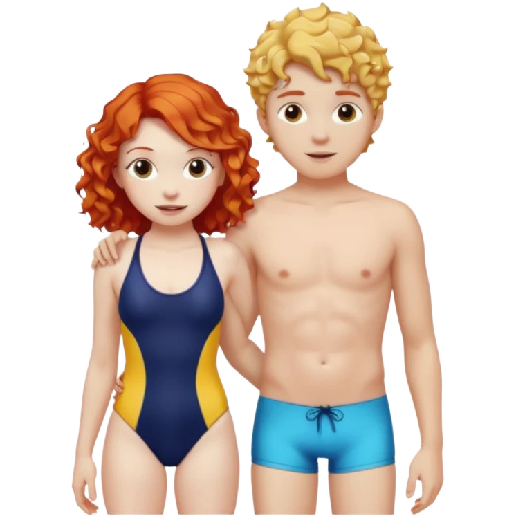 Red hair Girl and curly blonde boy in swimsuit emoji