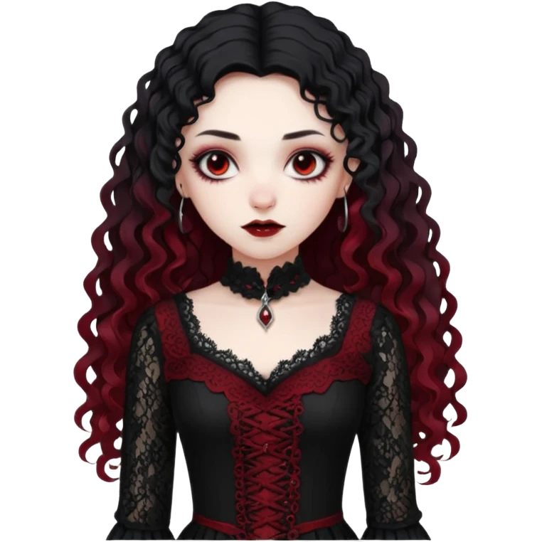 A girl with a dark red goth vampire look in a black goth lace dress with long sleeves longer black curly hair emoji