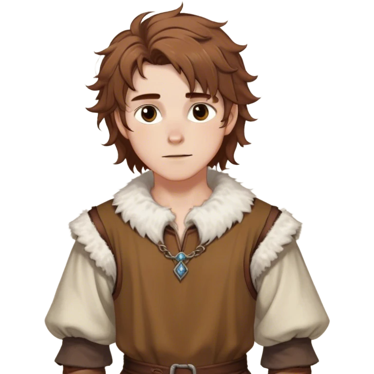 medieval spring outfit worn by a DnD themed fantasy male character. cotton tunic with sleeves rolled to the elbow, featuring a light fur-lined collar for chilly mornings. clothes only above the waist. The clothes full waist. The character's haven't arms. character is white-skinned, chestnut brown hair, amber eyes, shoulder-length messy hair. emoji