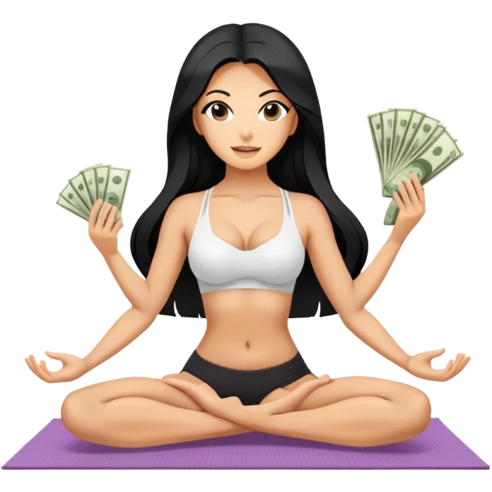 woman with bra, tanned long black hair, holding money, and splits . Money in floor yoga emoji