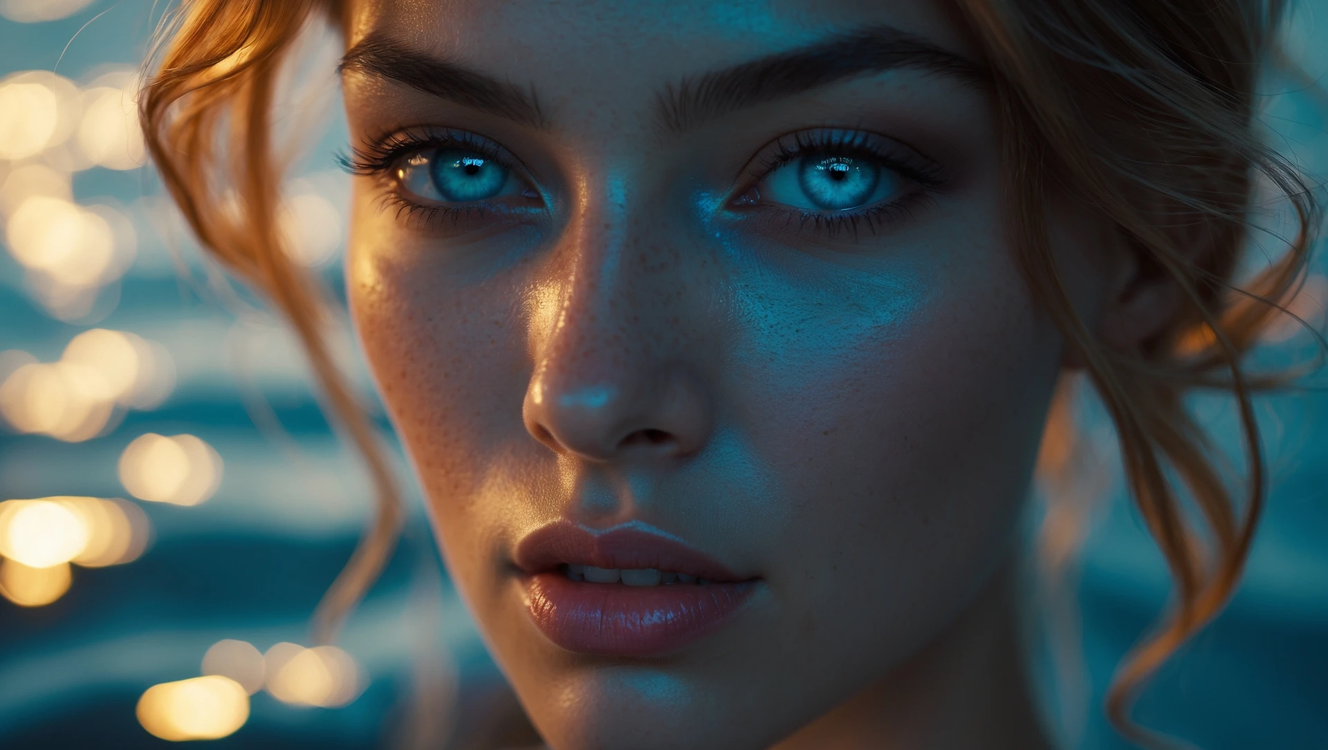 Extreme Closeup photo of a beautifull woman, water light reflection on face, low key light, cinematic light, 8K, very detailed, sharp emoji