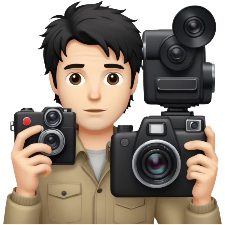 a white man with black messy hair holding a foto camera emoji