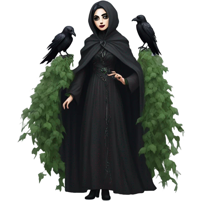 the morrigan goth woman version vines style furr robe stylish boots, perfect eyes, raven on hand, green vines decor on ground emoji