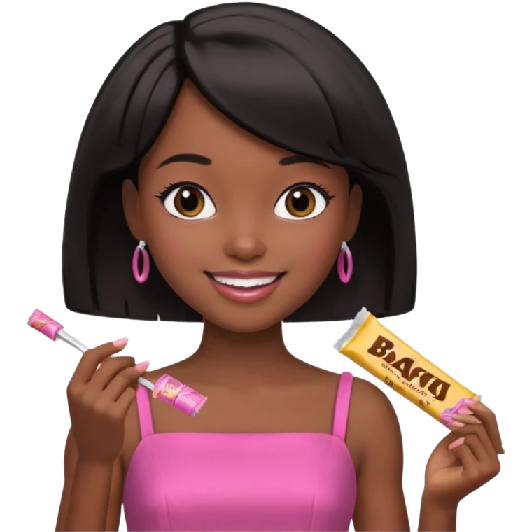 Black barbie, short  black bob  hair, pink dress eating chocalate bar emoji
