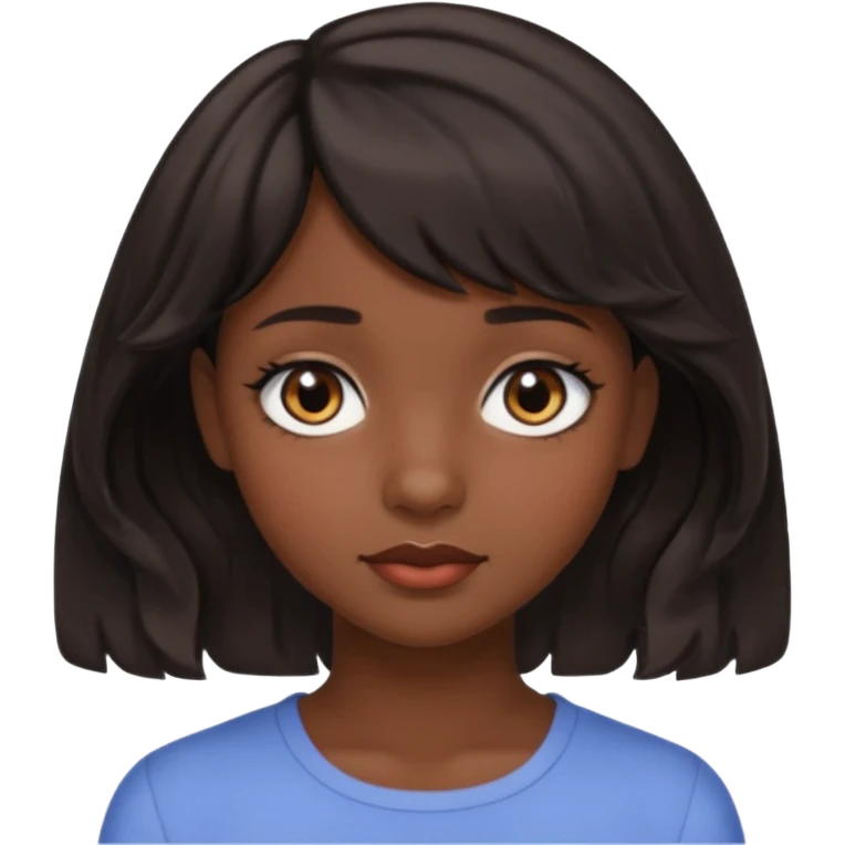 A pretty girl with dark brown eyes and short wavy dark hair with short side bangs and a neutral expression emoji emoji