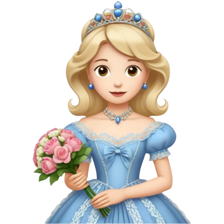 An emoji portrait of a Victorian princess. She is wearing an elaborate crinoline ball gown with intricate lace trim and ribbons. She wears a tiara on her head, and her expression is poised and proper. She is holding a small bouquet of flowers. emoji