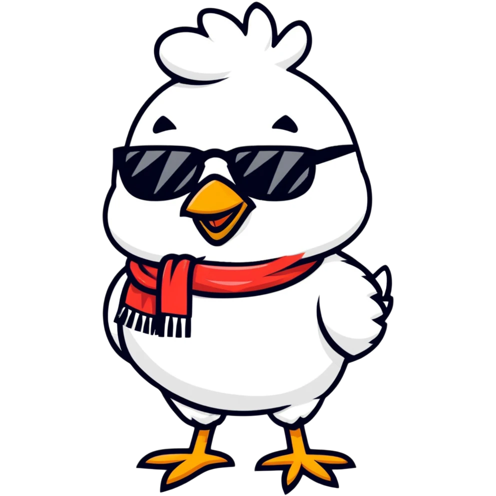 Chicken cute with sunglasses and a black and white scarf emoji