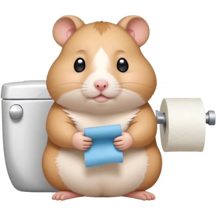 Cute chubby cartoon-style hamster holding toilet paper sitting on toilet looking as if he had an accident, sticker-style illustration emoji