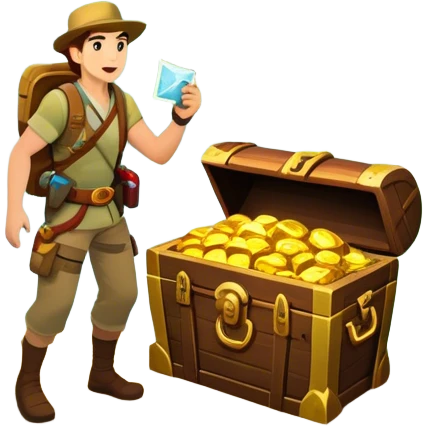 Icon for Adventure Movie: A vibrant, cinematic poster-style design featuring an action-packed scene. Include an adventurer with a map, a treasure chest, a jungle background, a towering mountain, and ancient ruins. Bright colors, bold typography, and an exciting atmosphere. Transparent background. emoji