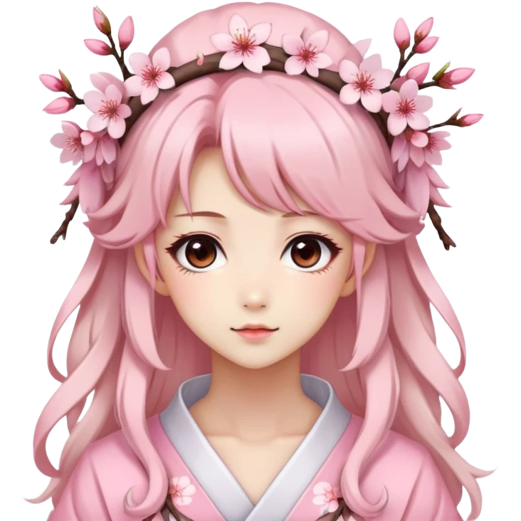 A Gorgeous Beautiful Anime Lady with a Sakura Cherry Blossom Headdress and Pretty Hair, pastelcore aesthetic  emoji