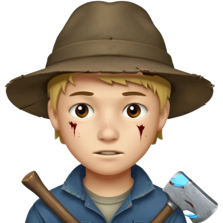 13 y/o Brian robeson at the beginning of Hatchet
distressed, has hatchet, small scratches(no bleeding type) on face, no blood on hatchet emoji