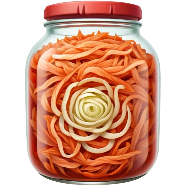Shredded Kimchi Cinematic Realistic Kimchi Dish Emoji, depicted as spicy, fermented cabbage with vibrant red hues neatly served in a traditional jar, rendered with dynamic textures and bold, appetizing lighting. emoji