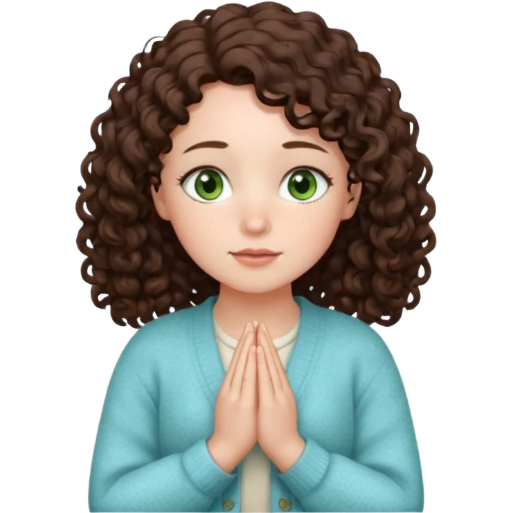 young girl in cozy cardigan milky blue tones, green eyes, freckles, plump lips, dark brown curly hair below shoulders, hands folded in prayer or gratitude, looking forward, emoji style emoji
