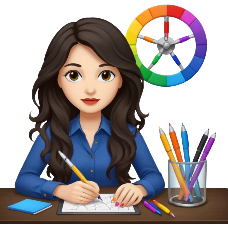 female dark wavy long hair graphic designer , color wheel, pens, papers , desktop emoji