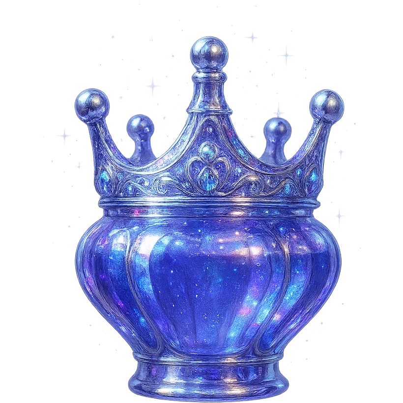 ultra luxurious small crown-shaped elixir bottle, color #7986cb, prominent iridescent and silver details, rich magical glowing and sparkling effects, very small neck, seamless bottom, transparent background, floating, no base or shadow, modern, matching a magical luxury collection emoji