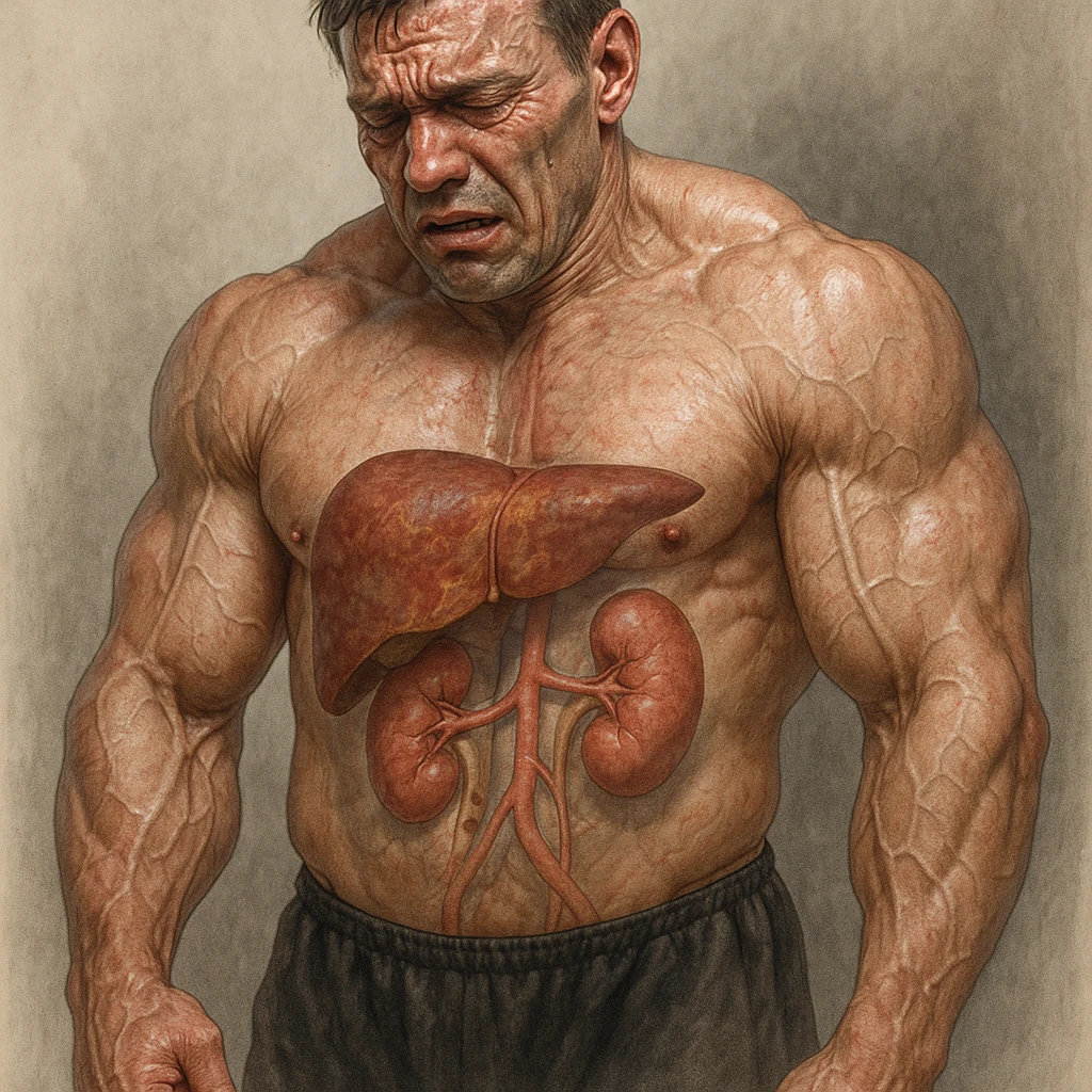  bodybuilder che fa dosaggi a caso di steroidi, e quindi sta male, iper realistica , fai fegato e reni in evidenza emoji