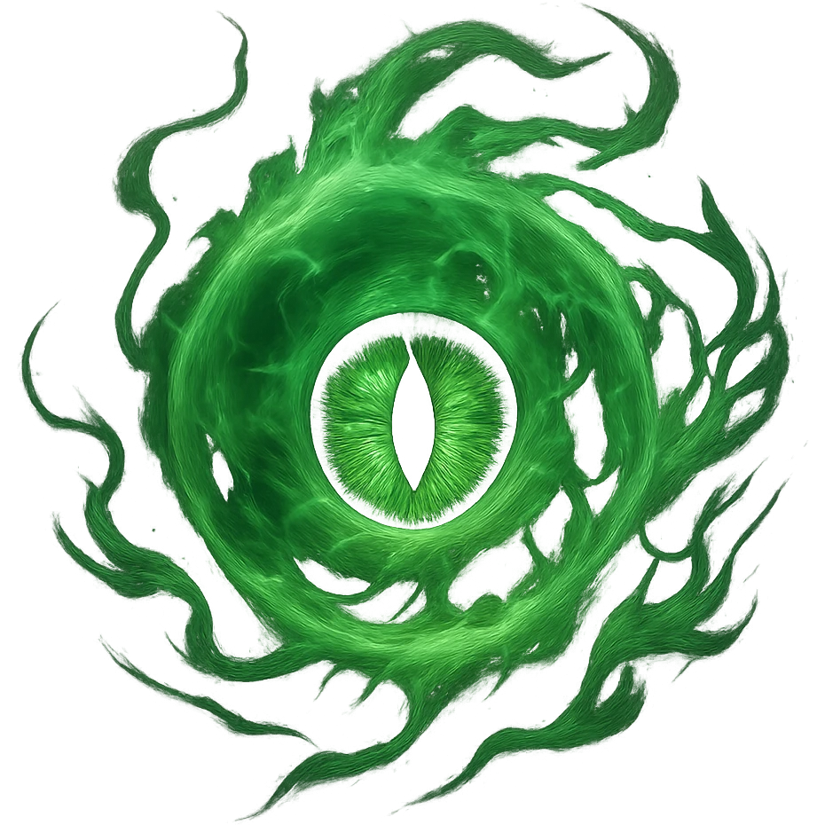 a mystical green energy ball with an eye in the middle, surrounded by swirling energy emoji