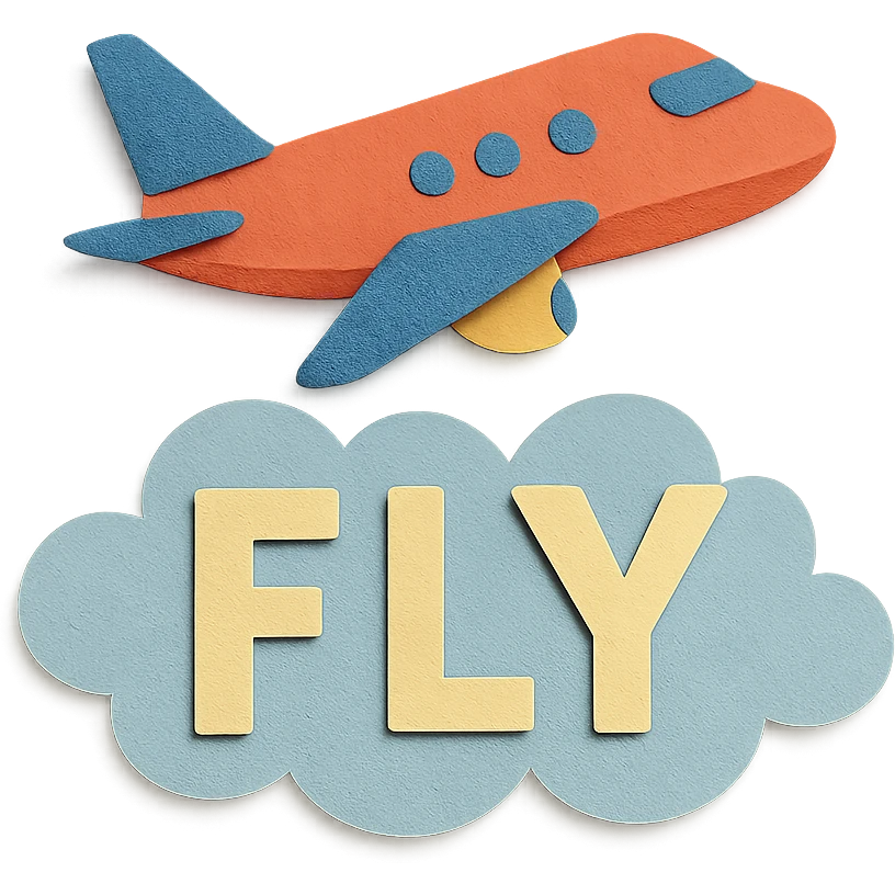 airplane in the sky with FLY text as part of the clouds, paper craft style emoji