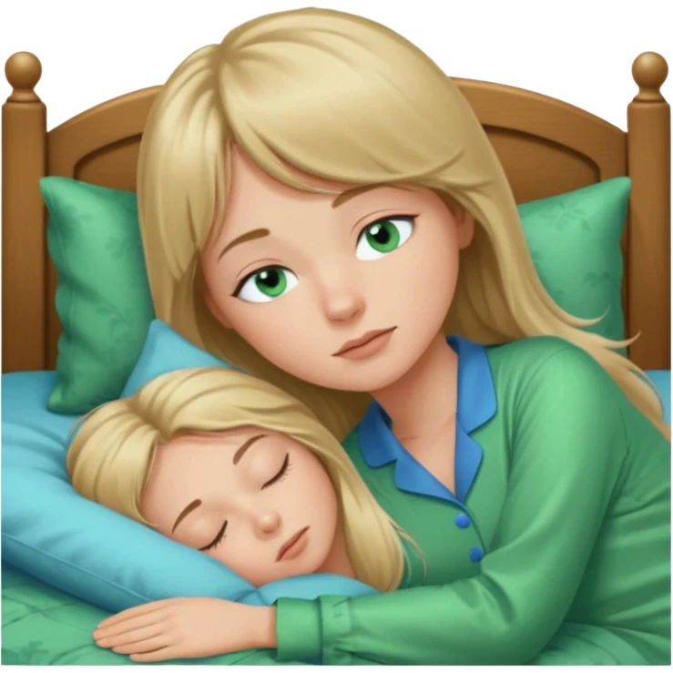 Woman with blue eyes and long dark blond hair and a bang, sleeping in bed  with green pyjama emoji