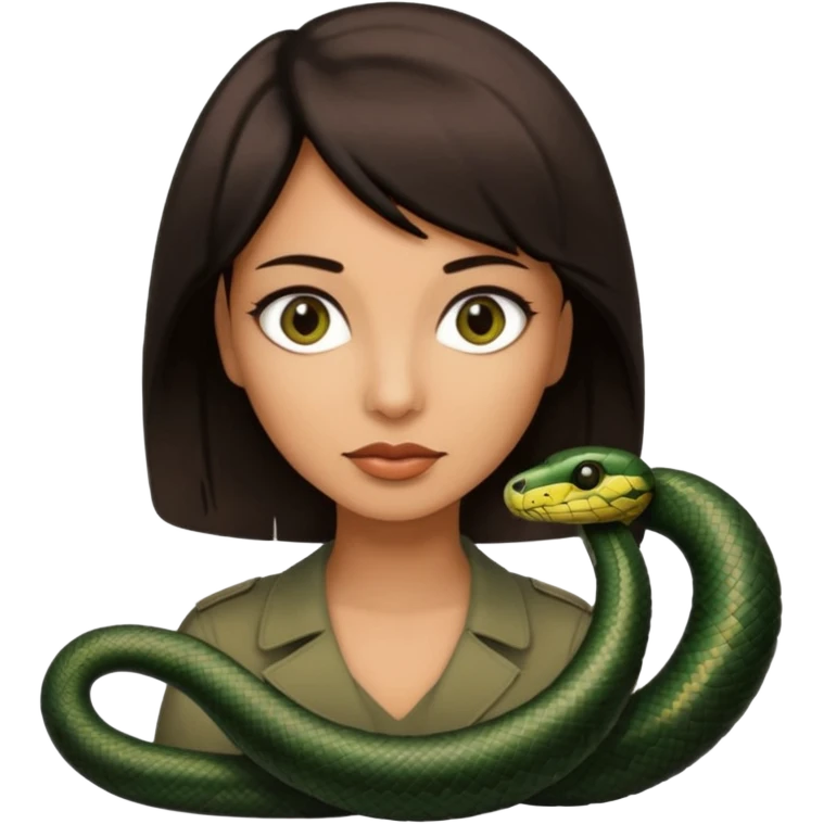 Femme brune yeux marron avec une coupe carré noir , femme couleur de peau typé, avec un cobra a côté , emoji