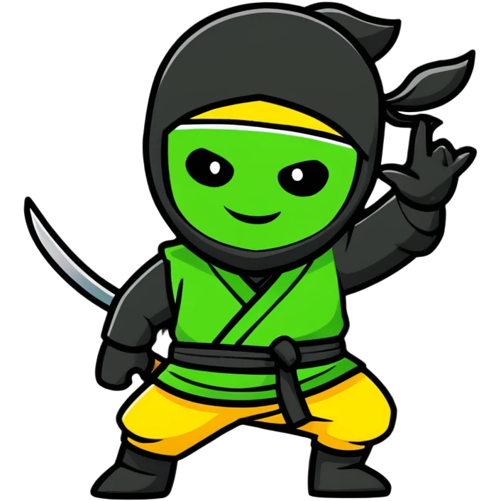 A confident ninja in yellow, green and black merged colors, smiling and saying "HI" emoji