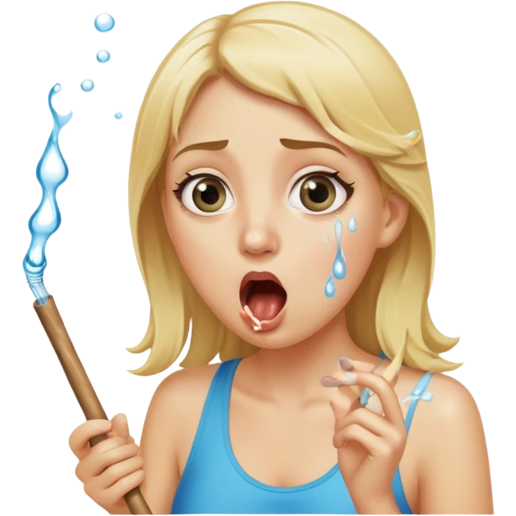blond woman with wide eyes, holding a skin-colored stick, water squirting from the stick into her mouth, shocked face emoji