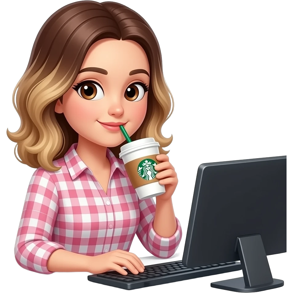Woman drinking Starbucks coffee in computer, balayage hair, mid length. Brown eyes , round face, emoji