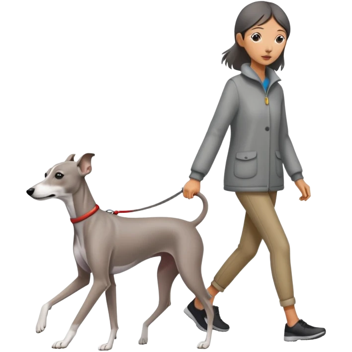 Asian girl walking an all grey Italian greyhound with no white nose, completely grey dog emoji