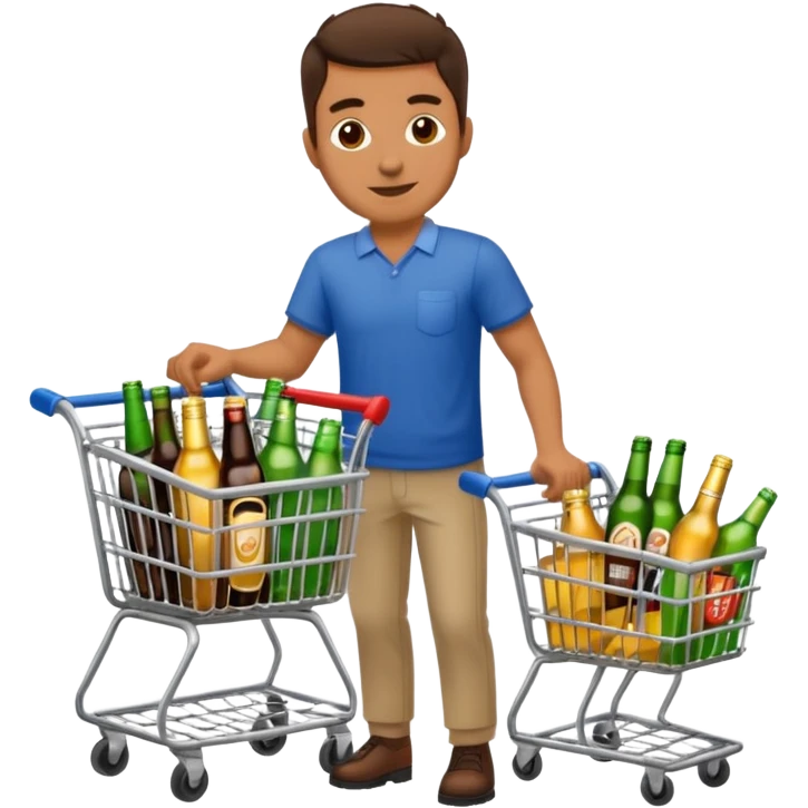 man with a shopping cart full of beers and wines emoji