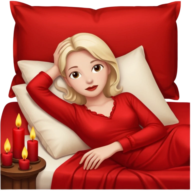 Low bed, red sheets, candles everywhere, woman reclining in shadowed control emoji