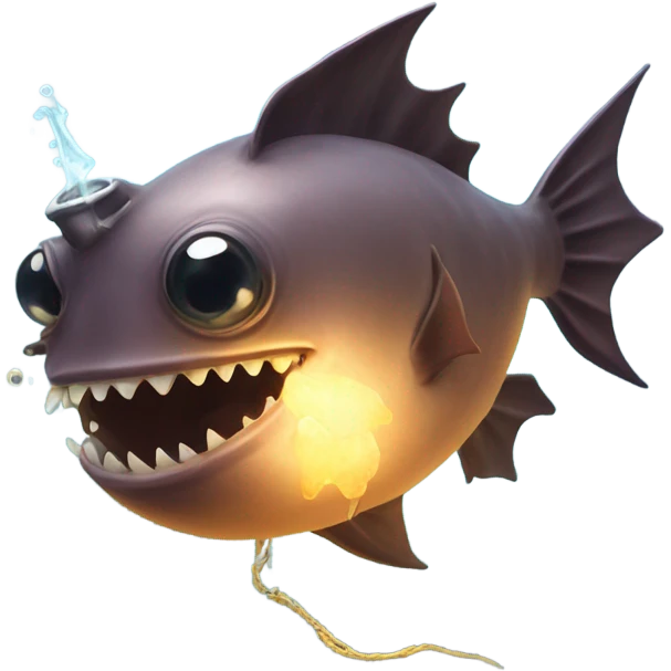 Anglerfish with a glowing lure hanging from its forehead, sharp teeth, and big eyes. emoji
