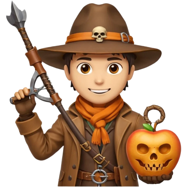 male human monster hunter emoji, wearing brown leather coat and wide hat, holding crossbow, with amulet shaped like skull, Halloween fantasy theme, confident smile, orange scarf, Apple emoji style, clean white background, square image emoji