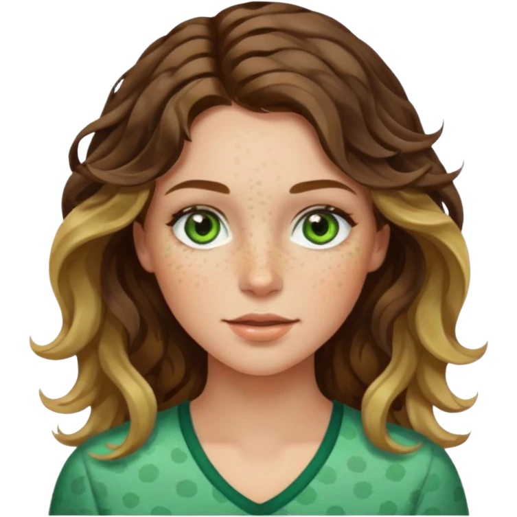 Brunette with blonde highlights, wavy hair, freckles, and green eyes emoji