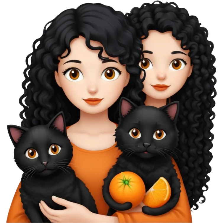 A girl with long black hair is holding a black cat, an orange cat and a curly-haired dog emoji