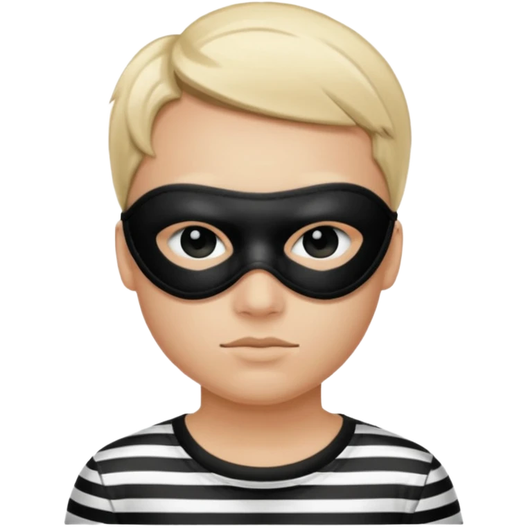 Realistic ios emoji-style portrait of a classic burglar, a black eye mask and a black-and-white striped shirt. Highly detailed, natural skin texture, soft cinematic lighting, realistic shadows, smooth gradients, clean outline, glossy reflections in the eyes.  emoji