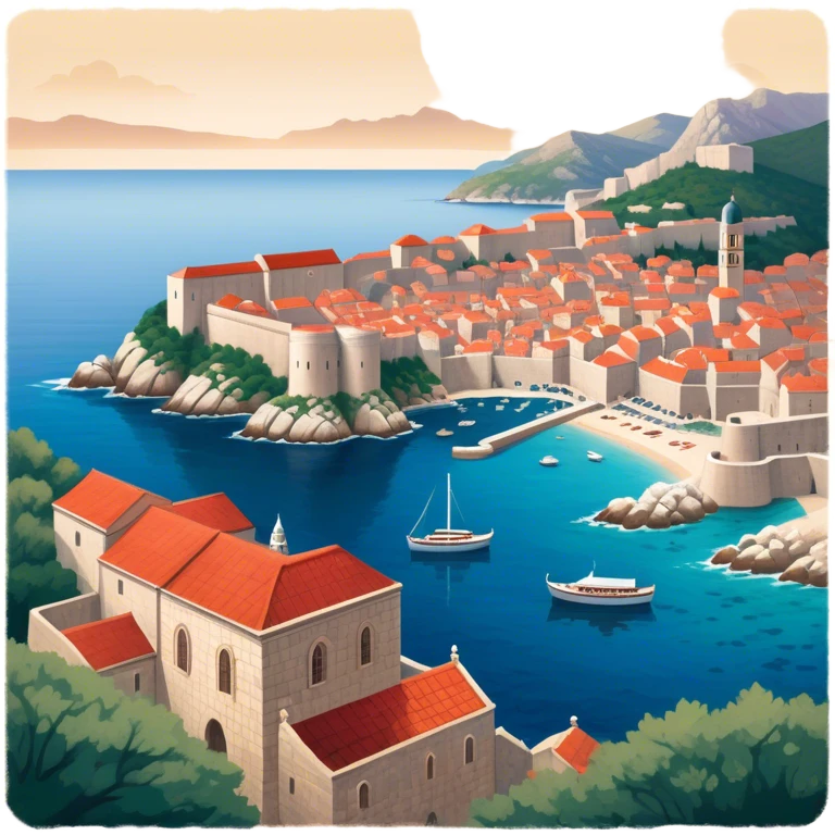 Cinematic Realistic aerial view of the historic city of Dubrovnik, showcasing its iconic red-roofed architecture, fortified walls, and sparkling Adriatic coastline, rendered with rich textures and warm Mediterranean lighting that captures its old-world charm. emoji