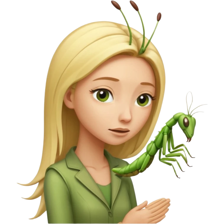 Praying mantis tucking her blond hair behind her head with side eye emoji