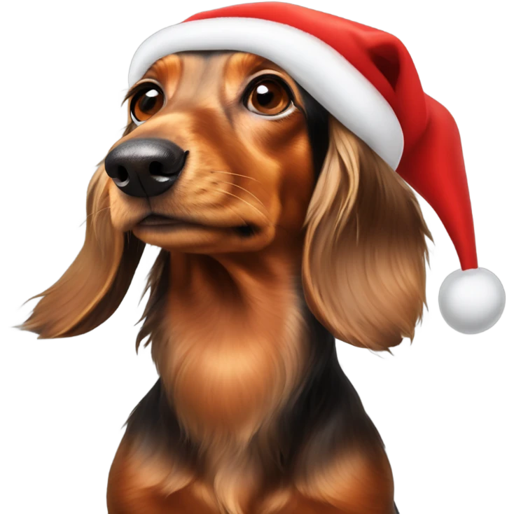 Long haired dachshund ￼with a red Santa hat on its head emoji