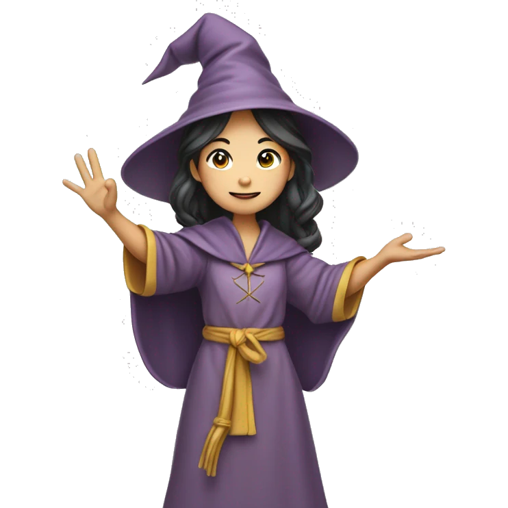 A female young wizard raises her right hand high in the air, asian face  emoji