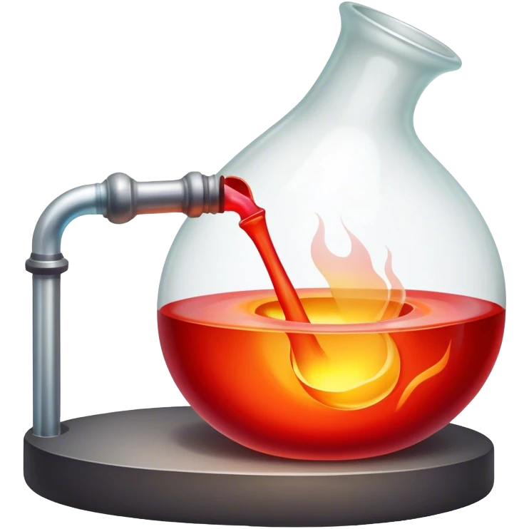 Glassblowing and casting icon, molten glass being shaped into a delicate object with a blowpipe, glowing red-hot glass being poured into a mold, unfinished glass sculpture, minimalistic style, clean lines, transparent background. emoji