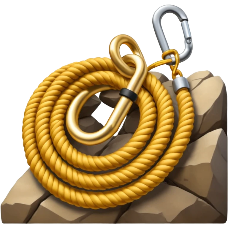 A 3D cartoon coiled climbing rope with a carabiner, golden color, resting on a rocky surface, realistic soft shadows, Memoji-style rendering. negative : Flag. emoji