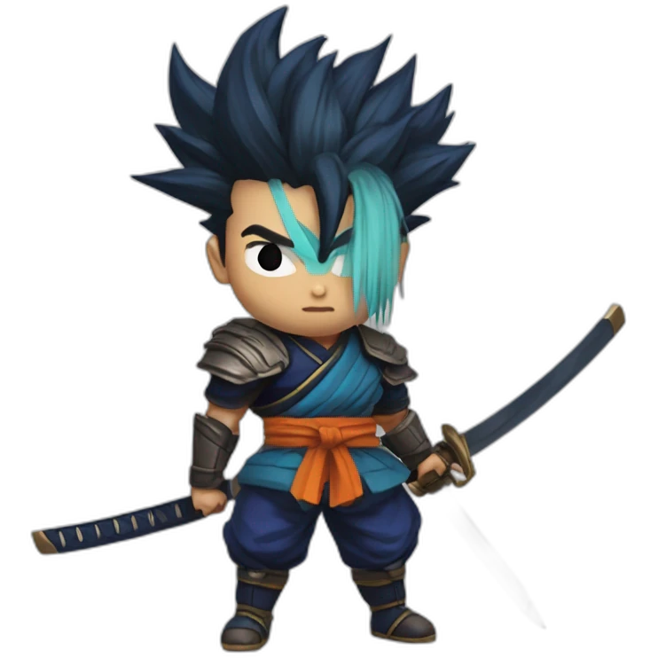 yasuo from league of legend in the dragon ball z style with color with a tied hair and a katana emoji