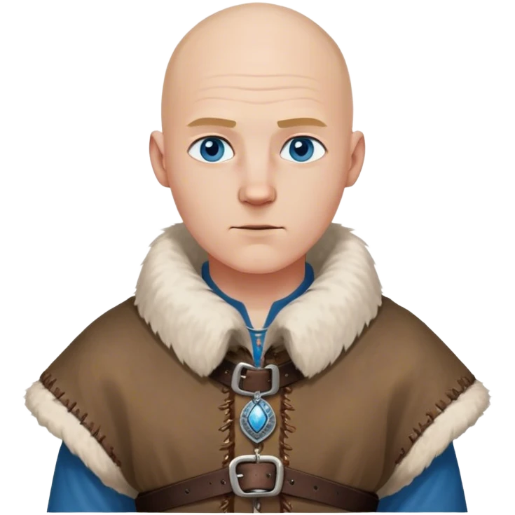medieval outfit worn by a DnD themed fantasy character. basic rough-spun tunic with a fur-lined collar and a leather strap across the chest. clothes only above the waist. The clothes full waist. The character's haven't arms. character is bald, blue eyes, white-skinned man. emoji