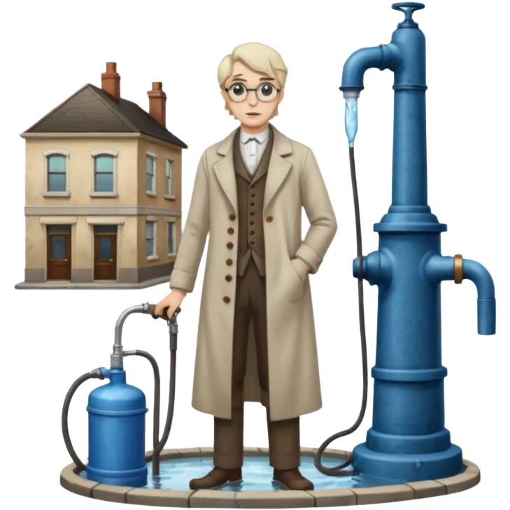 A victorian doctor with a street water pump in a dirty street emoji